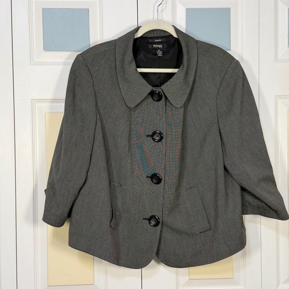 Style & Co Woman Grey Micro Check Swing Blazer Jacket 18W 3/4 Sleeve Peter Pan